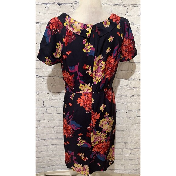 Boden Floral Sheath Silk Blend Roll Collar Dress Navy Size 8 - Picture 4 of 7